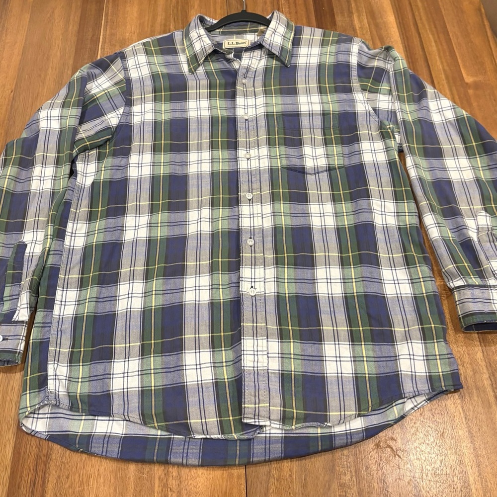 L.L.Bean Mens Large Plaid Button Down Shirt Blue Green Cotton